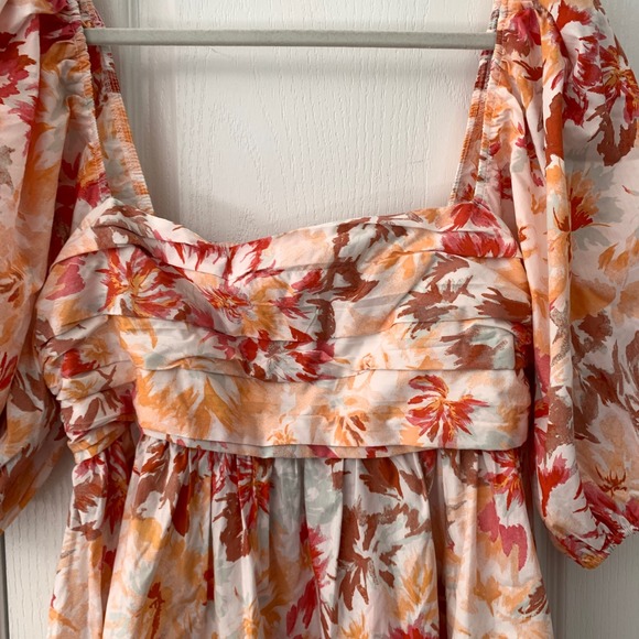 Abercrombie & Fitch Floral Puff Sleeve Mini Dress Orange Pink Ruched Smocked XL - Picture 6 of 9